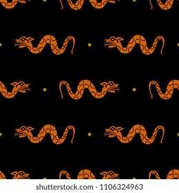 Seamless geometrical pattern with stylized silhouettes of monster snakes and abstract dots. Based on ancient ethnic motif of Peruvian Mochica Indians.