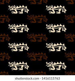 Seamless geometrical pattern with stylized silhouettes of fantastic beasts. Ancient Peruvian tribal motif of Mochica Indians.
