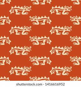 Seamless geometrical pattern with stylized silhouettes of fantastic animals. Ancient Peruvian tribal motif of Mochica or Moche Indians.