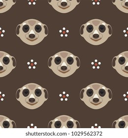 Seamless geometrical pattern with stylized suricate faces and abstract floral polka dots. Flat cartoon style.