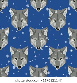 Seamless geometrical pattern with stylized wolf heads and snowflakes. Flat cartoon style.