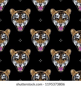 Seamless geometrical pattern with tiger faces. Flat cartoon style.