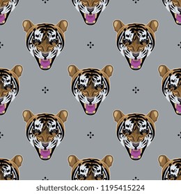 Seamless geometrical pattern with tiger faces. Flat cartoon style.