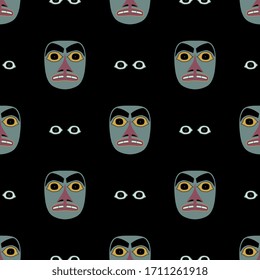 Seamless geometrical pattern with Tlingit masks. Native American Indian art.