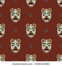 Seamless geometrical pattern with Tlingit totem masks. Native American tribal art from Alaska. Ethnic culture of Canadian Indians.