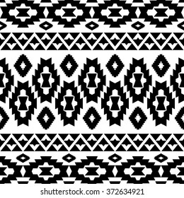 Seamless geometrical pattern with tribal Aztec elements. Boho ethnic motives. Black and white.