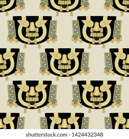 Seamless geometrical pattern with tribal motifs. Ancient Peruvian Pre Columbian masks.