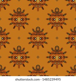 Seamless geometrical pattern with tribal motifs. Ancient Peruvian solar mask from Paracas. Native American Pre Columbian art.
