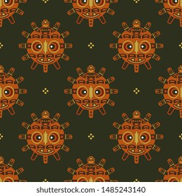 Seamless geometrical pattern with tribal motifs. Ancient Peruvian solar mask from Paracas. Native American Pre Columbian art.