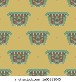 Seamless geometrical pattern with tribal motifs. Head or mask of fantastic monster beast. Pre-Columbian Mexican art from Teotihuacan.