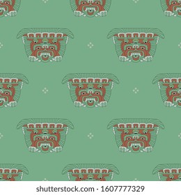 Seamless geometrical pattern with tribal motifs. Head or mask of fantastic monster beast. Pre-Columbian Mexican art from Teotihuacan.