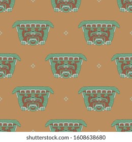 Seamless geometrical pattern with tribal motifs. Head or mask of fantastic monster beast. Pre-Columbian Mexican art from Teotihuacan.