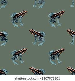 Seamless geometrical pattern with tropical poison dart frogs. (Dendrobatidae). Ranitomeya amazonica. Flat cartoon style.