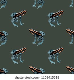 Seamless geometrical pattern with tropical poison dart frogs. (Dendrobatidae). Ranitomeya amazonica. Flat cartoon style.