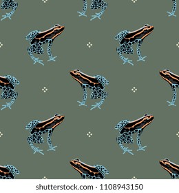 Seamless geometrical pattern with tropical poison dart frogs and polka dots. (Dendrobatidae). Ranitomeya amazonica. Flat cartoon style.