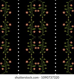 Seamless geometrical pattern with vertical stripes of floral garlands and abstract dotted lines.