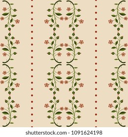 Seamless geometrical pattern with vertical stripes of floral garlands and abstract dotted lines. Folk style.
