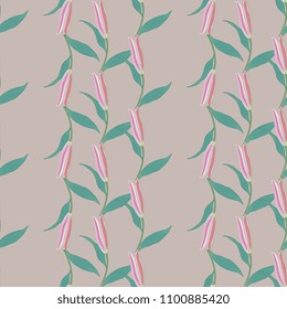 Seamless geometrical pattern with vertical stripes of pink lily buds.
