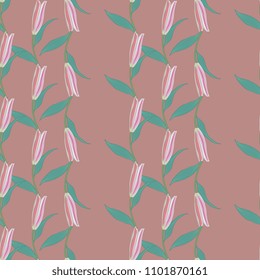 Seamless geometrical pattern with vertical stripes made of floral garlands with pink lily buds.