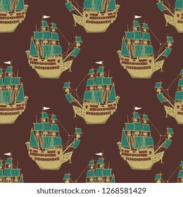 Seamless geometrical pattern with vintage European sailing ships.