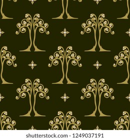 Seamless geometrical pattern with vintage floral motifs. Stylized golden trees and crosses with pearl fruits on dark background. 