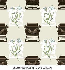 Seamless geometrical pattern with vintage mechanical typewriters and branches of forget-me-not flower.