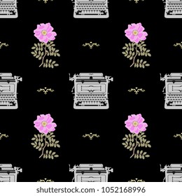 Seamless geometrical pattern with vintage mechanical typewriters and branches of wild rose. Inspiration and poetry motifs.