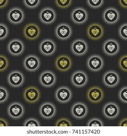 Seamless geometrical pattern with wedding emblems. Gold and silver on dark gray background.