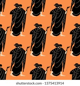 Seamless geometrical pattern withsilhouettes of ancient Greek woman. Vase painting style.