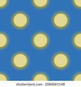 Patrón geométrico impecable con símbolos solares dorados amarillos sobre fondo azul.