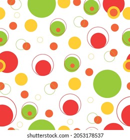 Patrón geométrico sin soldadura.
círculos amarillos, anaranjados, rojos y verdes sobre fondo blanco. Diseño moderno, decorativo, abstracto y colorido, adecuado para imprimir en superficies diferentes.