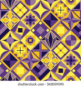 Seamless geometrical pattern in yellow and purple colors. Vector illustration.