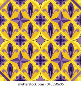 Seamless geometrical pattern in yellow and purple colors. Vector illustration.