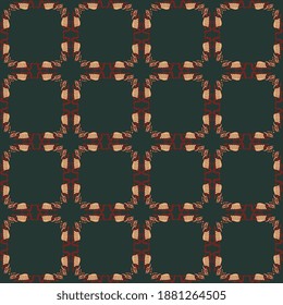 Seamless geometrical plaid pattern with ethnic motifs. Rectangular design with Native American dragons of Mochica Indians. Moche mythology of ancient Peru.