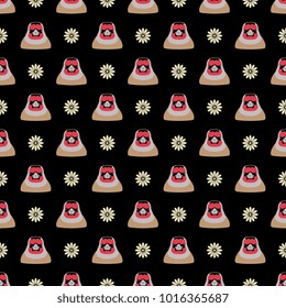 Seamless geometrical polka dot pattern with faces of goldfinch bird and abstract flowers. Flat cartoon style.