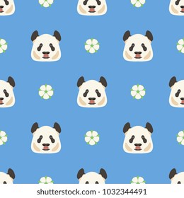 Seamless geometrical polka dot pattern with stylized panda bear faces and floral motifs. Flat cartoon style.