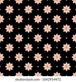 Seamless geometrical polka dot pattern with stylized small floral motifs and polka dots.