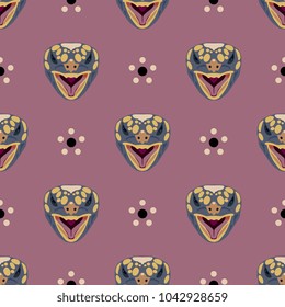 Seamless geometrical polka dot pattern with faces of turtle or tortoise and abstract floral motifs. Cartoon style.