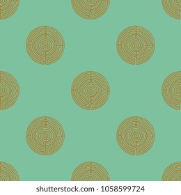 Seamless geometrical polka dot pattern with stylized round maze or labyrinth symbols. 
