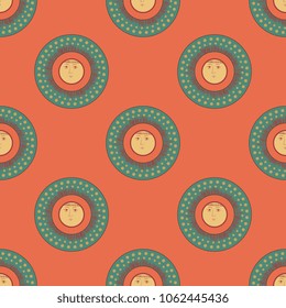 Seamless geometrical polka dot pattern with stylized anthropomorphic Sun. Based on medieval Russian folk motif. Ancient Slavic solar emblem.