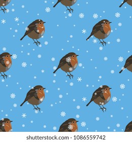 Seamless geometrical polka dot pattern with alternate silhouettes of European robin (Erithacus rubecula) or redbreast bird and snowflakes. Cartoon style.