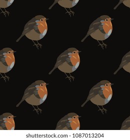 Seamless geometrical polka dot pattern with silhouettes of European robin (Erithacus rubecula) or redbreast bird. Flat cartoon style.