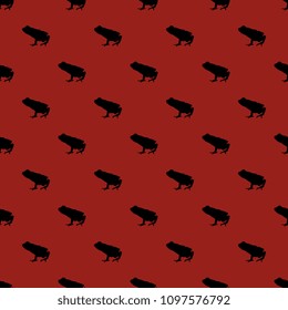 Seamless geometrical polka dot pattern with small silhouettes of a frog. Black symbols on maroon red background.