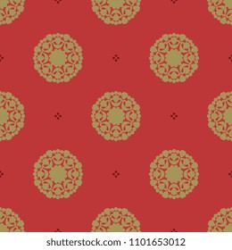 Seamless geometrical polka dot pattern with ornate round mandalas. Golden silhouettes and maroon dots on red background.