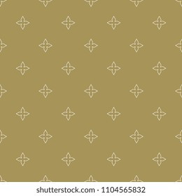 Seamless geometrical polka dot pattern with simple small floral crosses. White linear silhouettes on yellow gold background.
