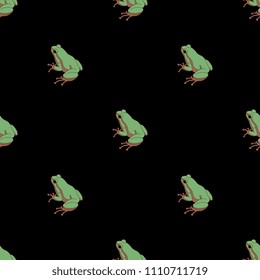 Seamless geometrical polka dot pattern with small silhouettes of green frogs. Cartoon style.
