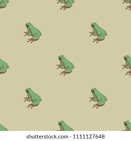 Seamless geometrical polka dot pattern with small silhouettes of green frogs. Cartoon style.