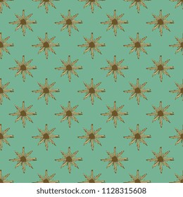 Seamless geometrical polka dot pattern with abstract angular stars.