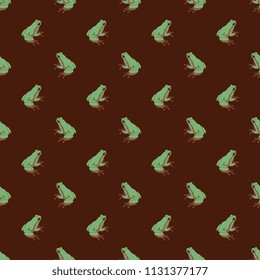 Seamless geometrical polka dot pattern with small frogs. Hyla arborea. Cartoon style.