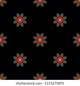Seamless geometrical polka dot pattern with small floral mandalas. Folk style.